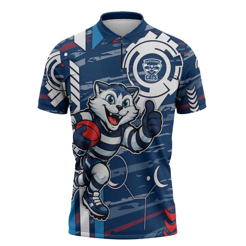 Geelong Cats Zipper Polo Shirt Mascot Cartoon Football Illustration Style