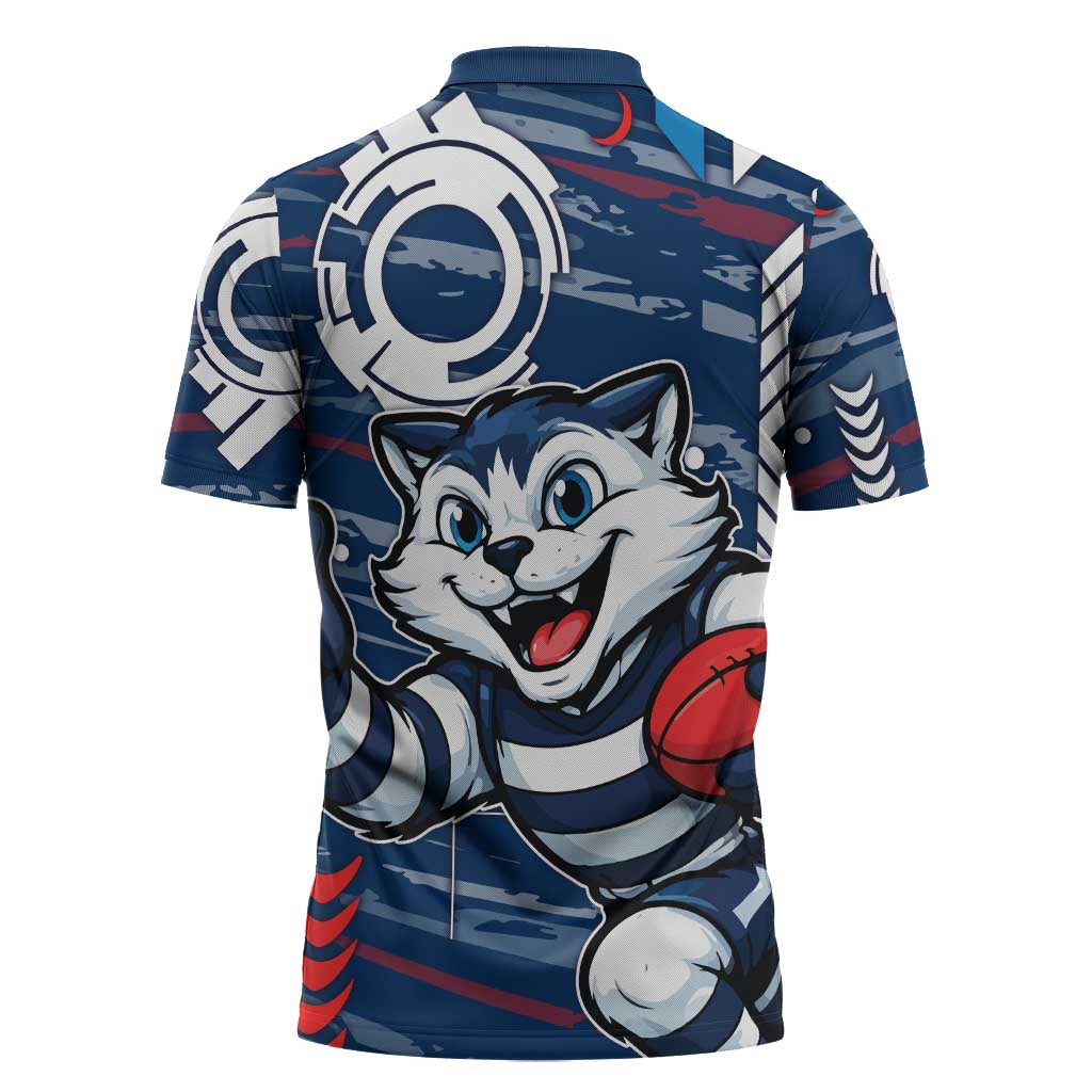 Geelong Cats Zipper Polo Shirt Mascot Cartoon Football Illustration Style