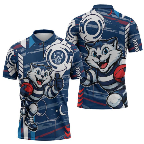 Geelong Cats Zipper Polo Shirt Mascot Cartoon Football Illustration Style