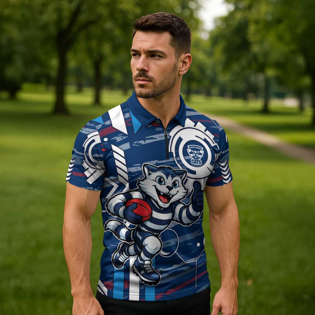 Geelong Cats Zipper Polo Shirt Mascot Cartoon Football Illustration Style