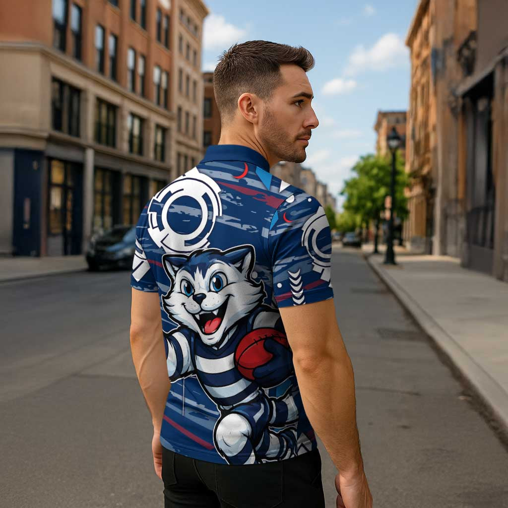 Geelong Cats Zipper Polo Shirt Mascot Cartoon Football Illustration Style