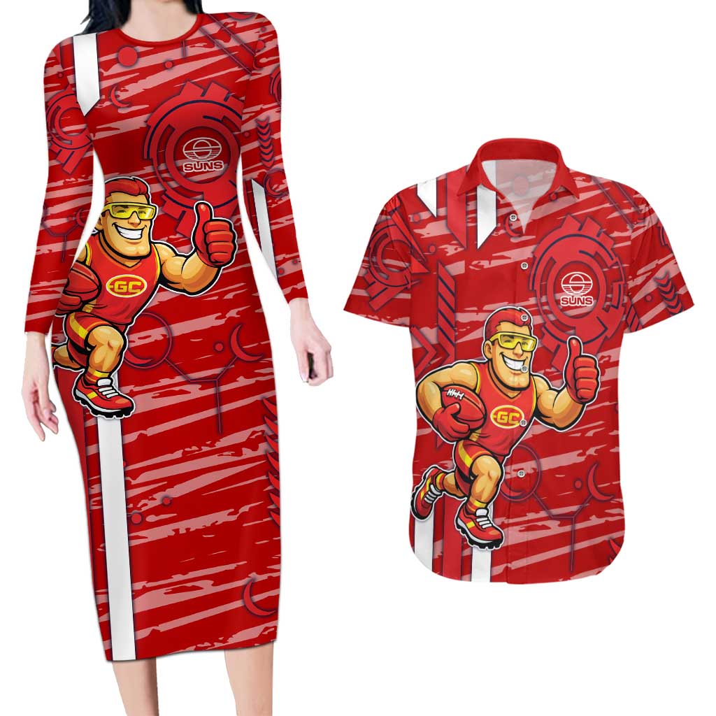 Gold Coast Suns Couples Matching Long Sleeve Bodycon Dress and Hawaiian Shirt Mascot Cartoon Football Illustration Style