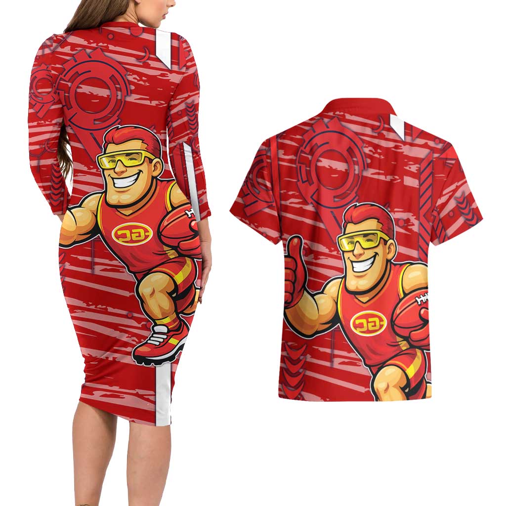 Gold Coast Suns Couples Matching Long Sleeve Bodycon Dress and Hawaiian Shirt Mascot Cartoon Football Illustration Style