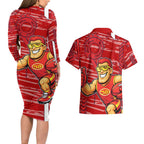 Gold Coast Suns Couples Matching Long Sleeve Bodycon Dress and Hawaiian Shirt Mascot Cartoon Football Illustration Style