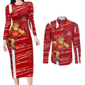 Gold Coast Suns Couples Matching Long Sleeve Bodycon Dress and Long Sleeve Button Shirt Mascot Cartoon Football Illustration Style