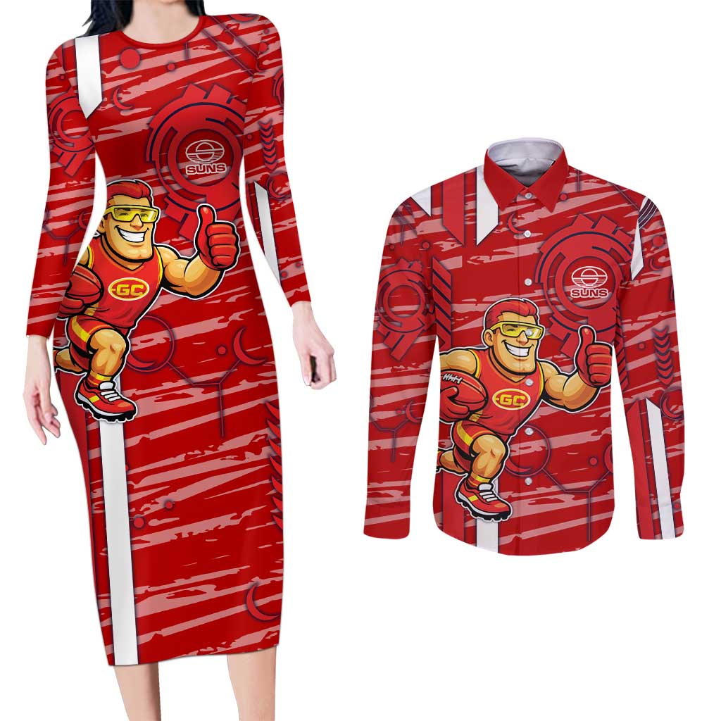 Gold Coast Suns Couples Matching Long Sleeve Bodycon Dress and Long Sleeve Button Shirt Mascot Cartoon Football Illustration Style