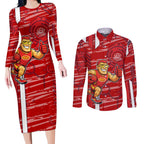 Gold Coast Suns Couples Matching Long Sleeve Bodycon Dress and Long Sleeve Button Shirt Mascot Cartoon Football Illustration Style