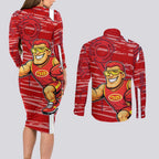 Gold Coast Suns Couples Matching Long Sleeve Bodycon Dress and Long Sleeve Button Shirt Mascot Cartoon Football Illustration Style