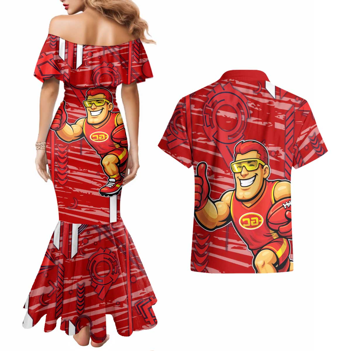 Gold Coast Suns Couples Matching Mermaid Dress and Hawaiian Shirt Mascot Cartoon Football Illustration Style