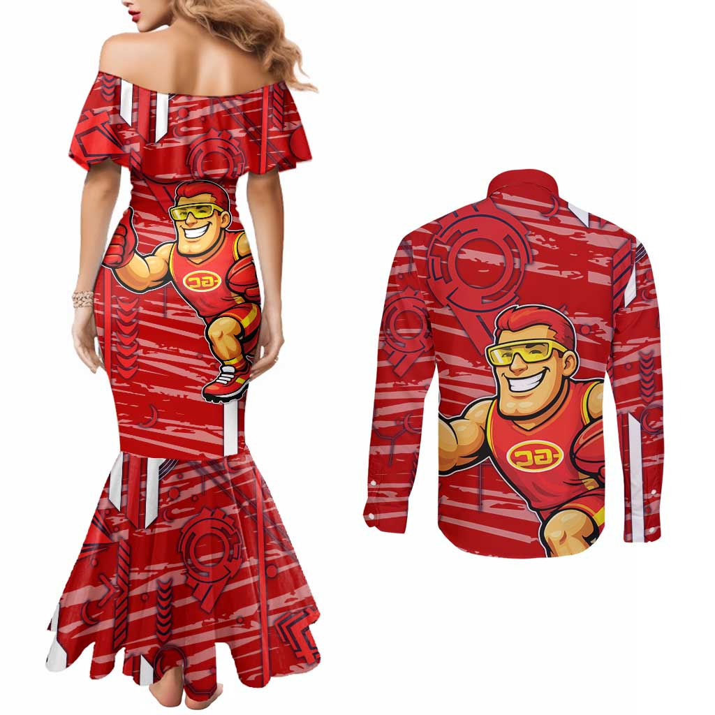 Gold Coast Suns Couples Matching Mermaid Dress and Long Sleeve Button Shirt Mascot Cartoon Football Illustration Style