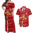 Gold Coast Suns Couples Matching Off Shoulder Maxi Dress and Hawaiian Shirt Mascot Cartoon Football Illustration Style