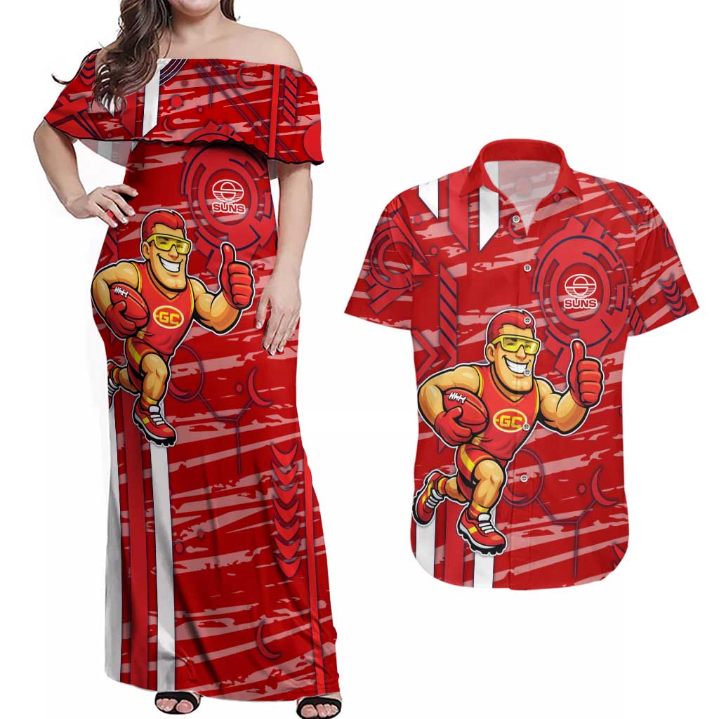 Gold Coast Suns Couples Matching Off Shoulder Maxi Dress and Hawaiian Shirt Mascot Cartoon Football Illustration Style