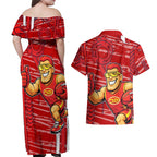 Gold Coast Suns Couples Matching Off Shoulder Maxi Dress and Hawaiian Shirt Mascot Cartoon Football Illustration Style