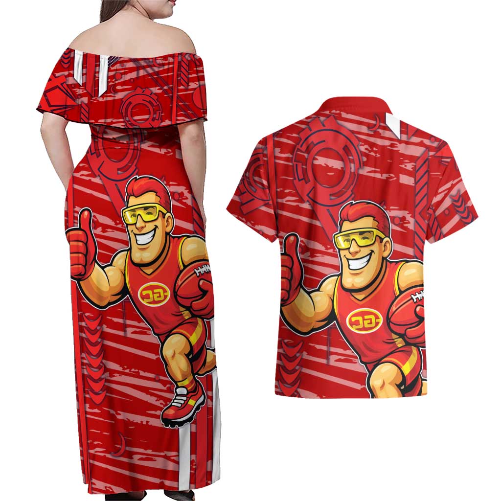 Gold Coast Suns Couples Matching Off Shoulder Maxi Dress and Hawaiian Shirt Mascot Cartoon Football Illustration Style
