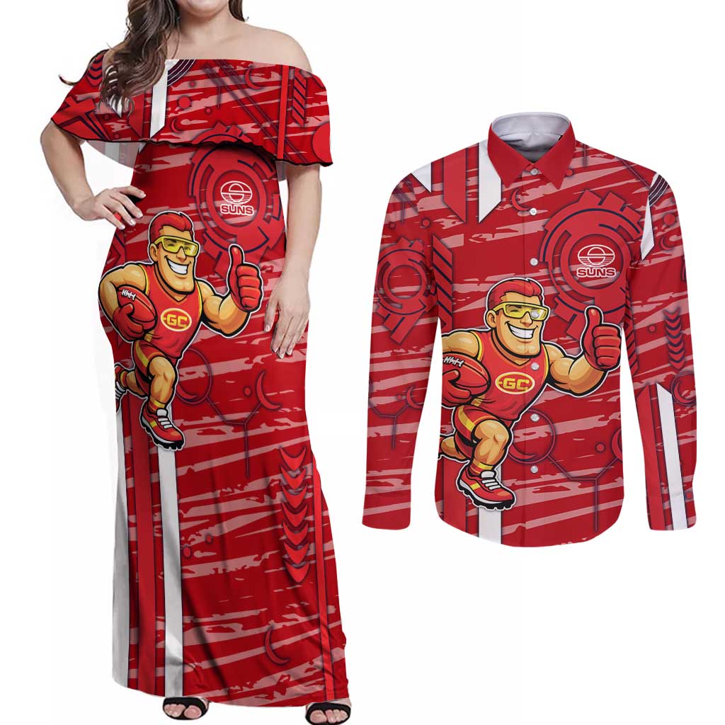 Gold Coast Suns Couples Matching Off Shoulder Maxi Dress and Long Sleeve Button Shirt Mascot Cartoon Football Illustration Style