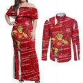 Gold Coast Suns Couples Matching Off Shoulder Maxi Dress and Long Sleeve Button Shirt Mascot Cartoon Football Illustration Style