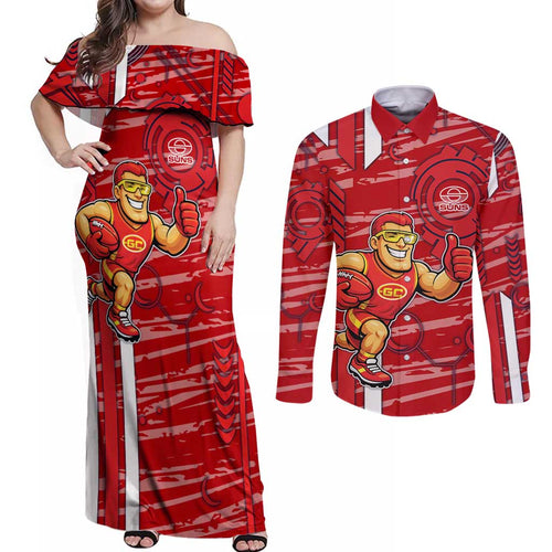 Gold Coast Suns Couples Matching Off Shoulder Maxi Dress and Long Sleeve Button Shirt Mascot Cartoon Football Illustration Style