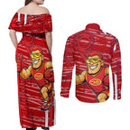 Gold Coast Suns Couples Matching Off Shoulder Maxi Dress and Long Sleeve Button Shirt Mascot Cartoon Football Illustration Style