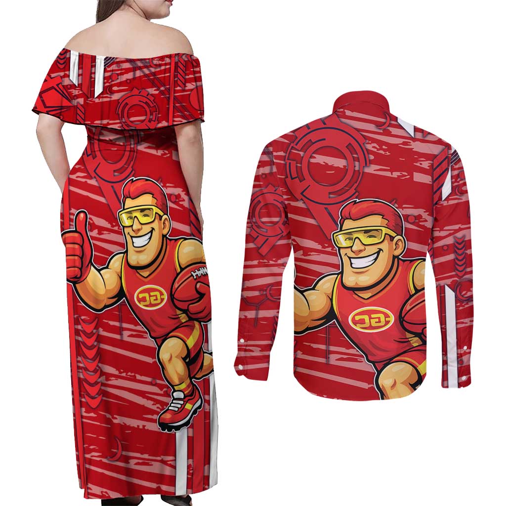 Gold Coast Suns Couples Matching Off Shoulder Maxi Dress and Long Sleeve Button Shirt Mascot Cartoon Football Illustration Style
