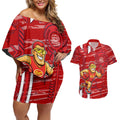 Gold Coast Suns Couples Matching Off Shoulder Short Dress and Hawaiian Shirt Mascot Cartoon Football Illustration Style