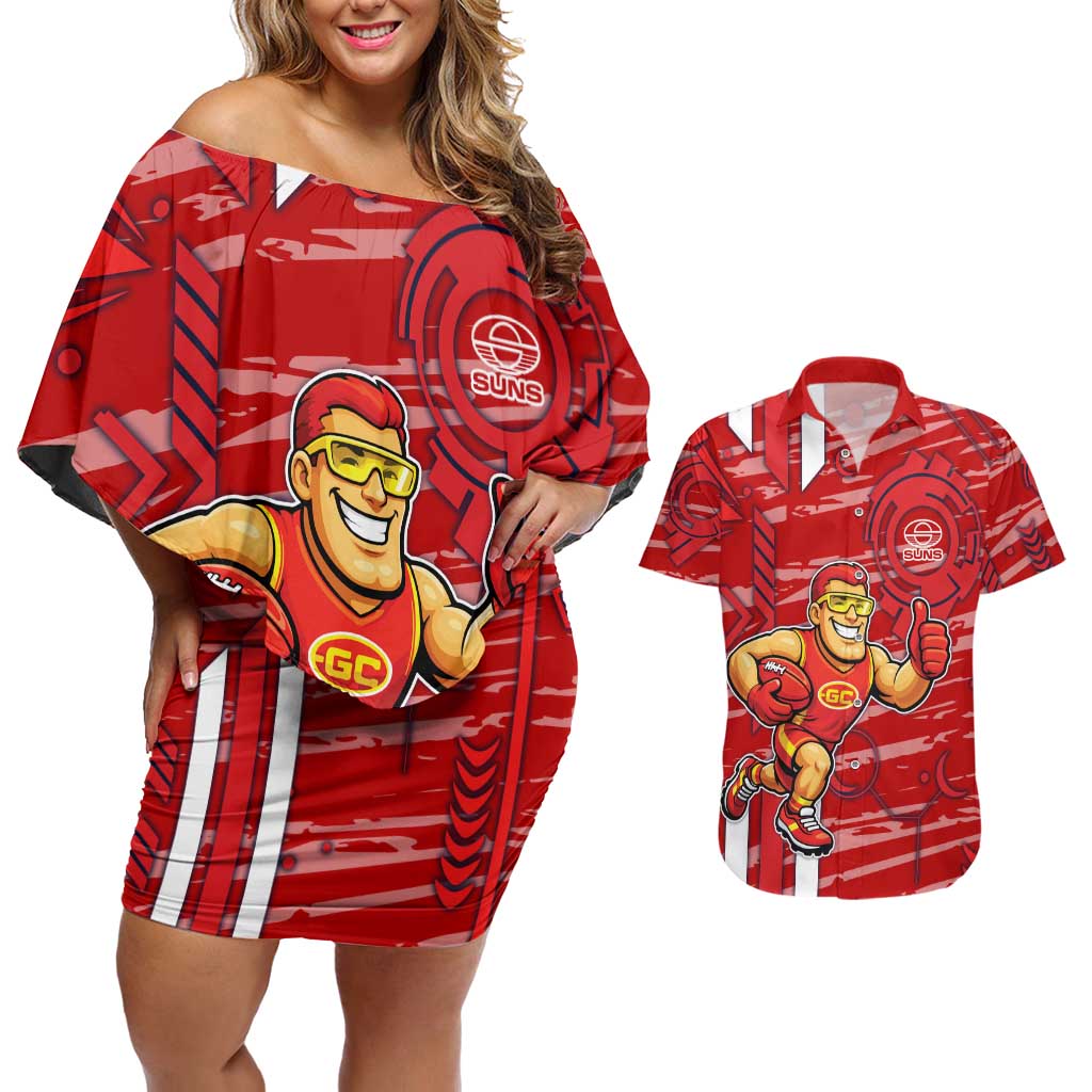 Gold Coast Suns Couples Matching Off Shoulder Short Dress and Hawaiian Shirt Mascot Cartoon Football Illustration Style