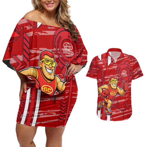 Gold Coast Suns Couples Matching Off Shoulder Short Dress and Hawaiian Shirt Mascot Cartoon Football Illustration Style