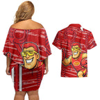 Gold Coast Suns Couples Matching Off Shoulder Short Dress and Hawaiian Shirt Mascot Cartoon Football Illustration Style
