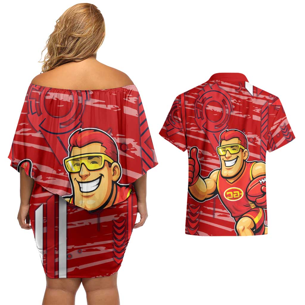 Gold Coast Suns Couples Matching Off Shoulder Short Dress and Hawaiian Shirt Mascot Cartoon Football Illustration Style