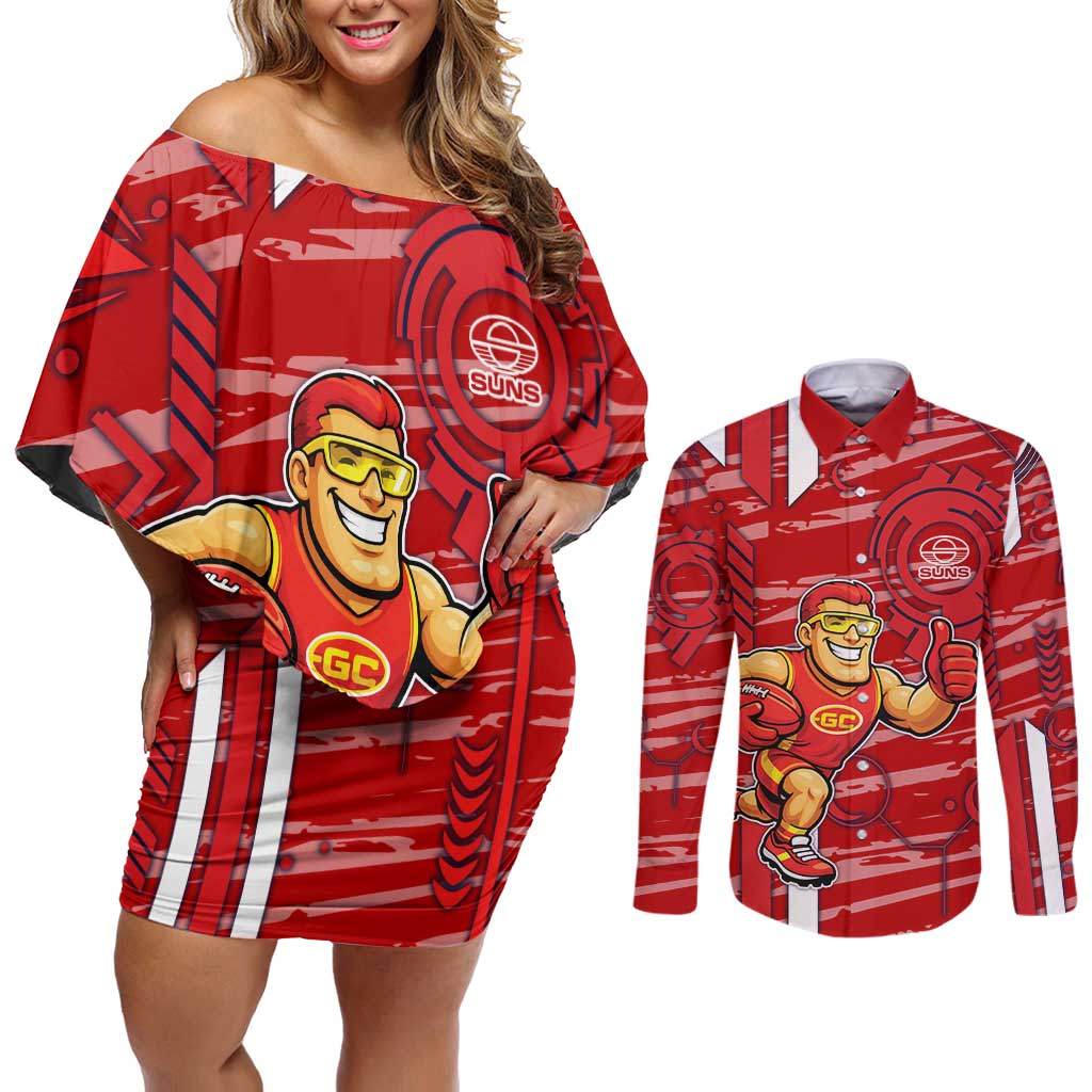 Gold Coast Suns Couples Matching Off Shoulder Short Dress and Long Sleeve Button Shirt Mascot Cartoon Football Illustration Style