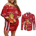 Gold Coast Suns Couples Matching Off Shoulder Short Dress and Long Sleeve Button Shirt Mascot Cartoon Football Illustration Style