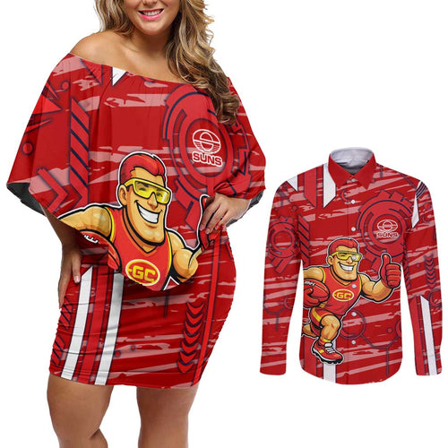 Gold Coast Suns Couples Matching Off Shoulder Short Dress and Long Sleeve Button Shirt Mascot Cartoon Football Illustration Style