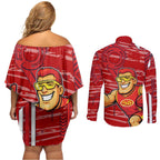 Gold Coast Suns Couples Matching Off Shoulder Short Dress and Long Sleeve Button Shirt Mascot Cartoon Football Illustration Style