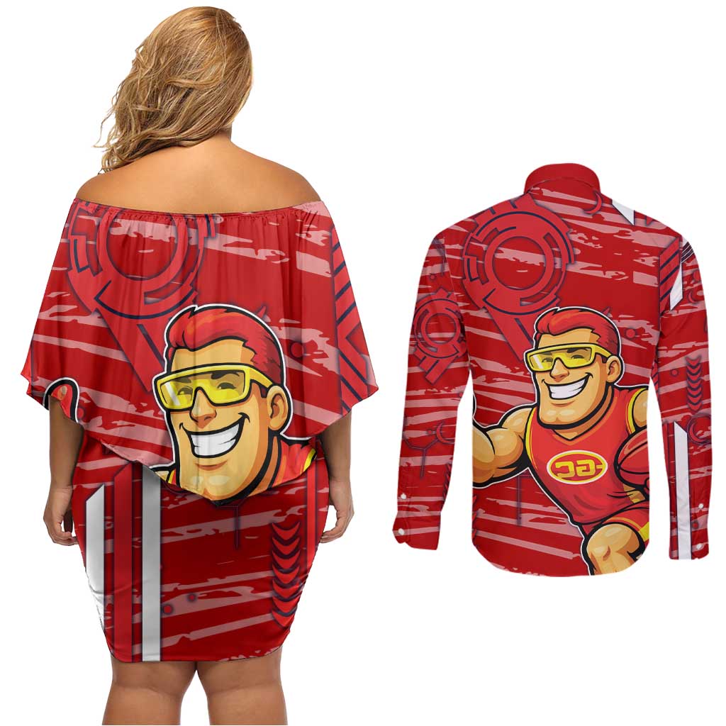 Gold Coast Suns Couples Matching Off Shoulder Short Dress and Long Sleeve Button Shirt Mascot Cartoon Football Illustration Style