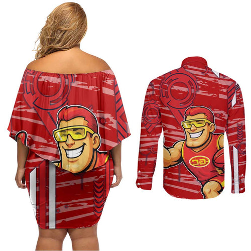 Gold Coast Suns Couples Matching Off Shoulder Short Dress and Long Sleeve Button Shirt Mascot Cartoon Football Illustration Style