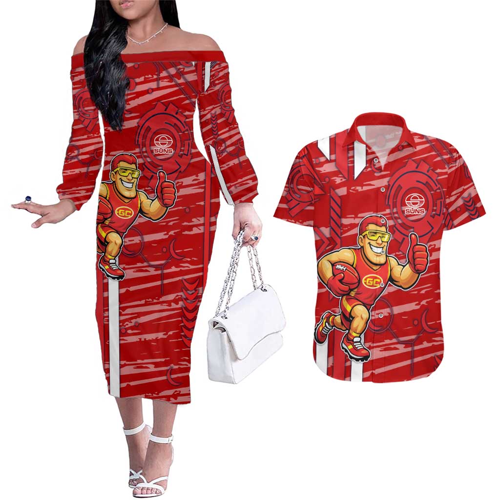 Gold Coast Suns Couples Matching Off The Shoulder Long Sleeve Dress and Hawaiian Shirt Mascot Cartoon Football Illustration Style