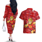 Gold Coast Suns Couples Matching Off The Shoulder Long Sleeve Dress and Hawaiian Shirt Mascot Cartoon Football Illustration Style