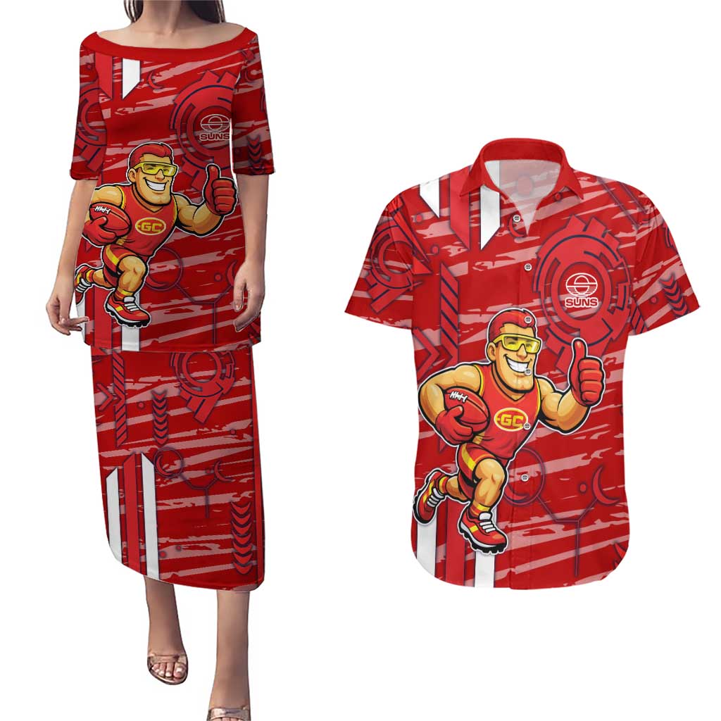 Gold Coast Suns Couples Matching Puletasi and Hawaiian Shirt Mascot Cartoon Football Illustration Style