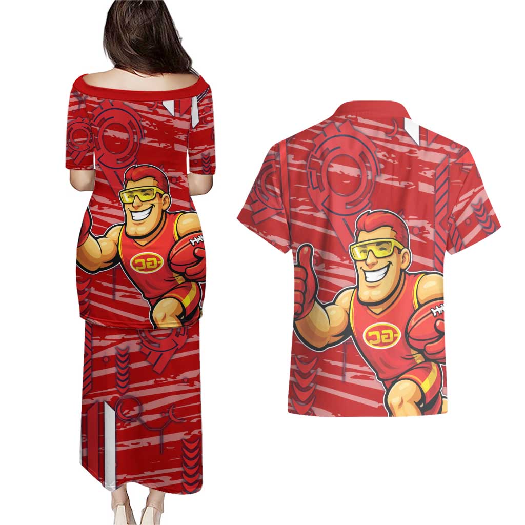 Gold Coast Suns Couples Matching Puletasi and Hawaiian Shirt Mascot Cartoon Football Illustration Style