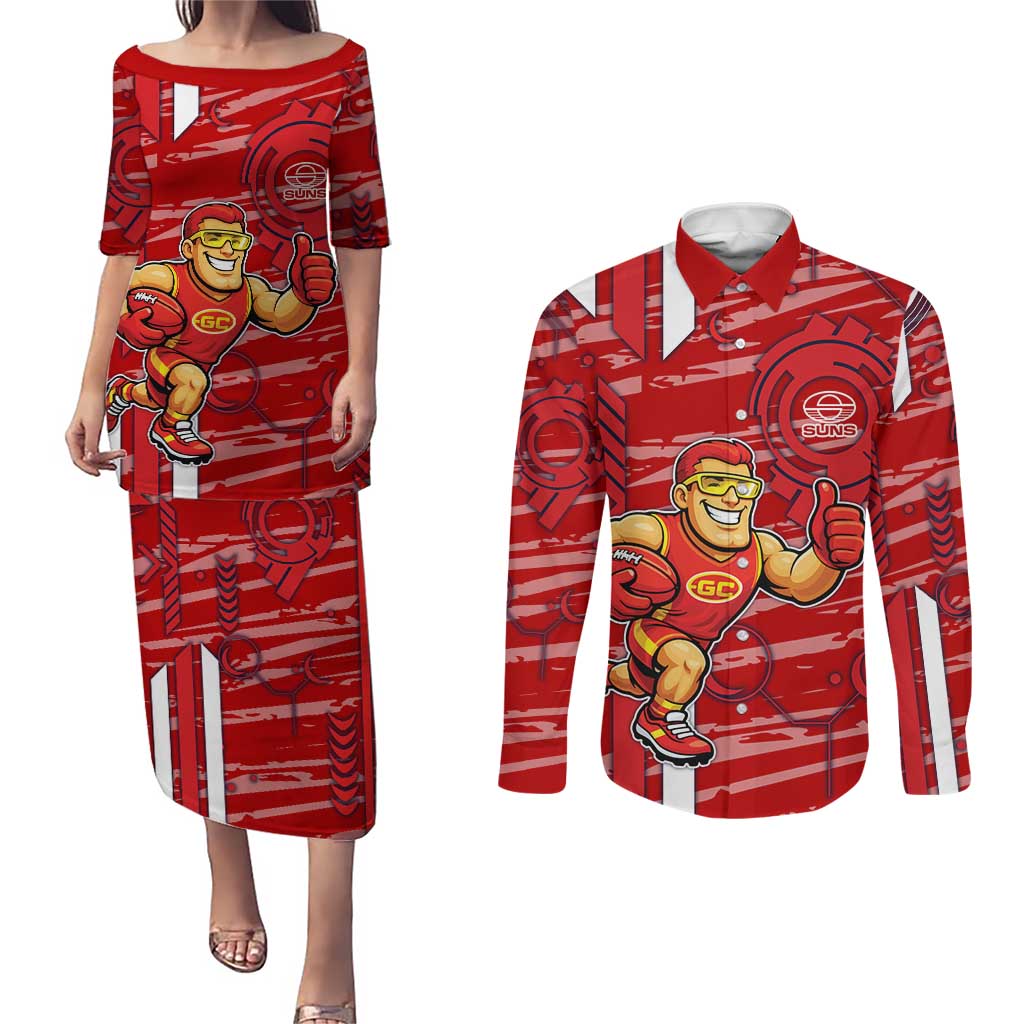 Gold Coast Suns Couples Matching Puletasi and Long Sleeve Button Shirt Mascot Cartoon Football Illustration Style