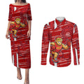 Gold Coast Suns Couples Matching Puletasi and Long Sleeve Button Shirt Mascot Cartoon Football Illustration Style
