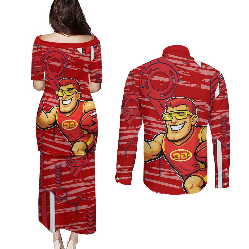 Gold Coast Suns Couples Matching Puletasi and Long Sleeve Button Shirt Mascot Cartoon Football Illustration Style