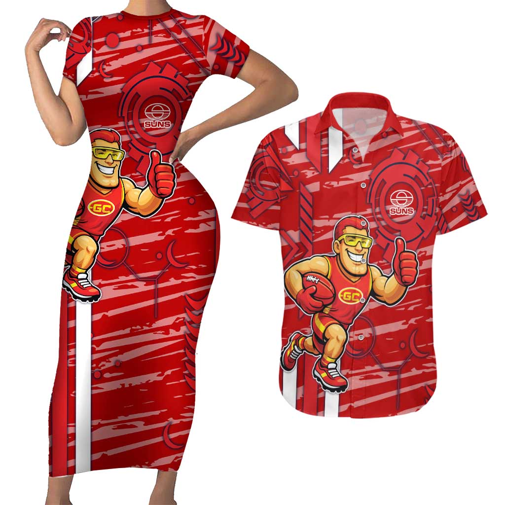Gold Coast Suns Couples Matching Short Sleeve Bodycon Dress and Hawaiian Shirt Mascot Cartoon Football Illustration Style