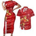 Gold Coast Suns Couples Matching Short Sleeve Bodycon Dress and Hawaiian Shirt Mascot Cartoon Football Illustration Style