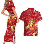 Gold Coast Suns Couples Matching Short Sleeve Bodycon Dress and Hawaiian Shirt Mascot Cartoon Football Illustration Style