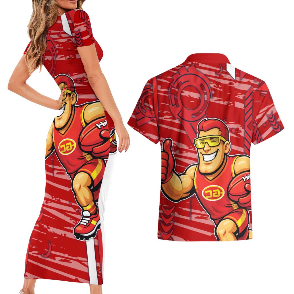 Gold Coast Suns Couples Matching Short Sleeve Bodycon Dress and Hawaiian Shirt Mascot Cartoon Football Illustration Style