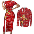 Gold Coast Suns Couples Matching Short Sleeve Bodycon Dress and Long Sleeve Button Shirt Mascot Cartoon Football Illustration Style