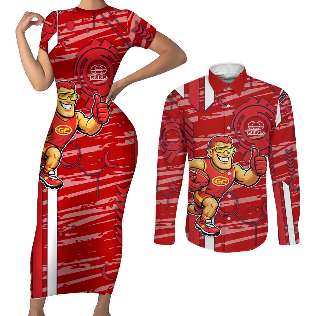 Gold Coast Suns Couples Matching Short Sleeve Bodycon Dress and Long Sleeve Button Shirt Mascot Cartoon Football Illustration Style