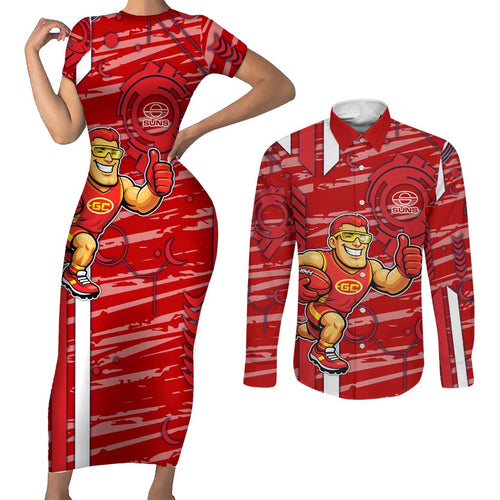 Gold Coast Suns Couples Matching Short Sleeve Bodycon Dress and Long Sleeve Button Shirt Mascot Cartoon Football Illustration Style