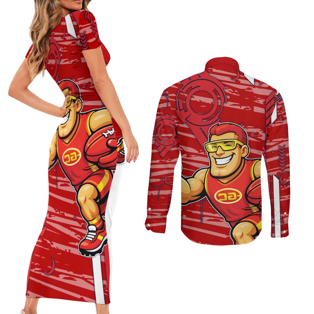 Gold Coast Suns Couples Matching Short Sleeve Bodycon Dress and Long Sleeve Button Shirt Mascot Cartoon Football Illustration Style