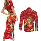 Gold Coast Suns Couples Matching Short Sleeve Bodycon Dress and Long Sleeve Button Shirt Mascot Cartoon Football Illustration Style